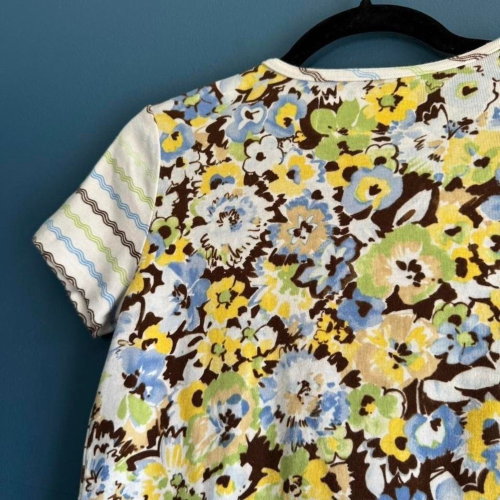 Y2K Floral V Neck Women's Size Small Liz Claiborne Cotton Stripe Yellow Blue - Picture 7 of 8